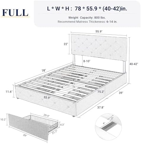 Allewie Upholstered Queen Size Platform Bed Frame with 4 Storage Drawers | Diamond Stitched Button Tufted | Ideal for Be