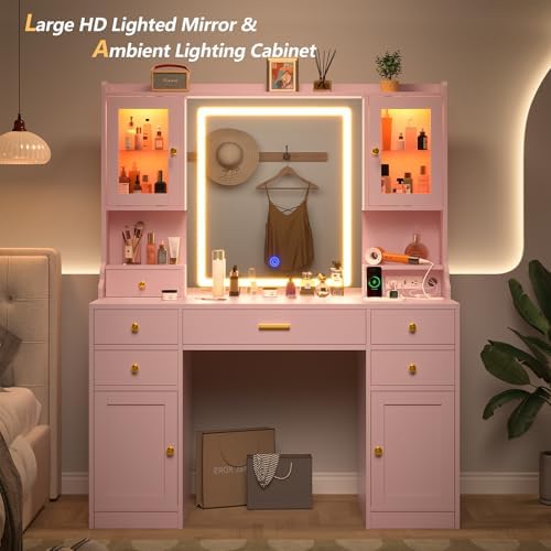 White Makeup Vanity Desk with Mirror and Lights - Large Dressing Table Set with Charging Station - Stylish RGB Cabinets