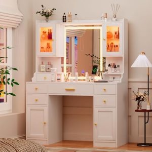 White Makeup Vanity Desk with Mirror and Lights - Large Dressing Table Set with Charging Station - Stylish RGB Cabinets