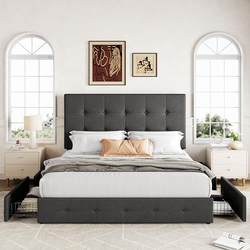 Allewie Upholstered Queen Size Platform Bed Frame with 4 Storage Drawers | Diamond Stitched Button Tufted | Ideal for Be