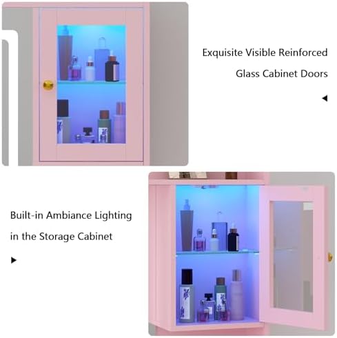 White Makeup Vanity Desk with Mirror and Lights - Large Dressing Table Set with Charging Station - Stylish RGB Cabinets