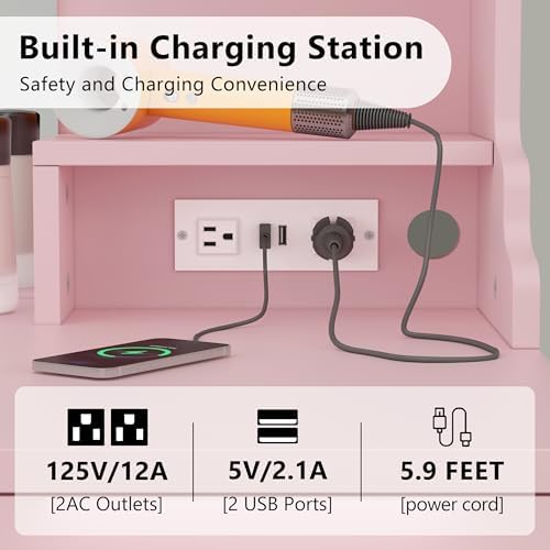 White Makeup Vanity Desk with Mirror and Lights - Large Dressing Table Set with Charging Station - Stylish RGB Cabinets