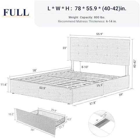 Allewie Upholstered Queen Size Platform Bed Frame with 4 Storage Drawers | Diamond Stitched Button Tufted | Ideal for Be