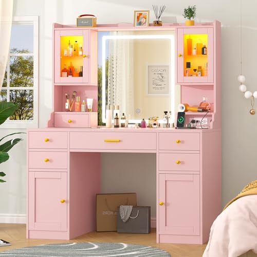 White Makeup Vanity Desk with Mirror and Lights - Large Dressing Table Set with Charging Station - Stylish RGB Cabinets