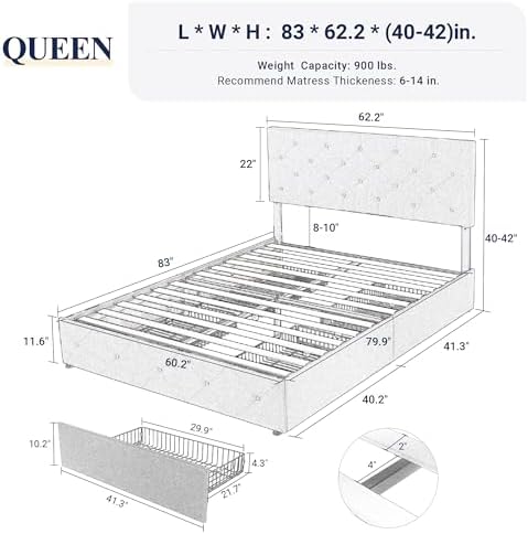 Allewie Upholstered Queen Size Platform Bed Frame with 4 Storage Drawers | Diamond Stitched Button Tufted | Ideal for Be