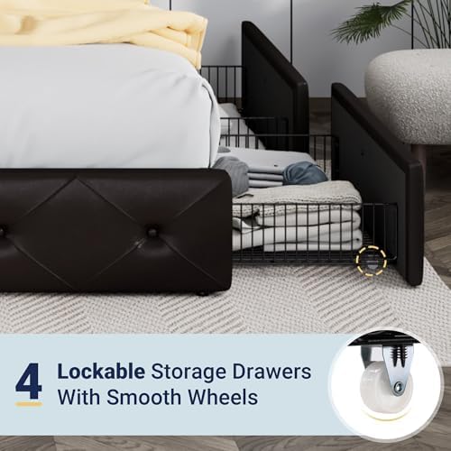 Allewie Upholstered Queen Size Platform Bed Frame with 4 Storage Drawers | Diamond Stitched Button Tufted | Ideal for Be