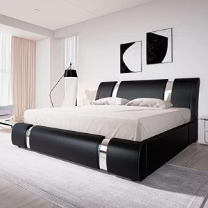 Allewie Queen Bed Frame - Faux Leather Upholstered Platform Bed with Adjustable Headboard, Strong Wooden Slats - No Box