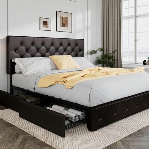 Allewie Upholstered Queen Size Platform Bed Frame with 4 Storage Drawers | Diamond Stitched Button Tufted | Ideal for Be
