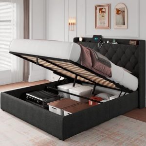 iPormis Queen Size Upholstered Platform Bed Frame with Hydraulic Storage & Charging Station, Noise-Free, Easy Assembly,
