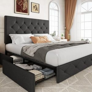 Allewie Upholstered Queen Size Platform Bed Frame with 4 Storage Drawers | Diamond Stitched Button Tufted | Ideal for Be
