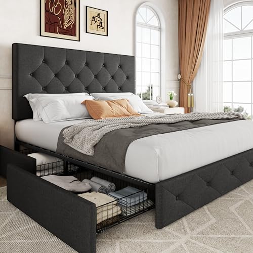 Allewie Upholstered Queen Size Platform Bed Frame with 4 Storage Drawers | Diamond Stitched Button Tufted | Ideal for Be
