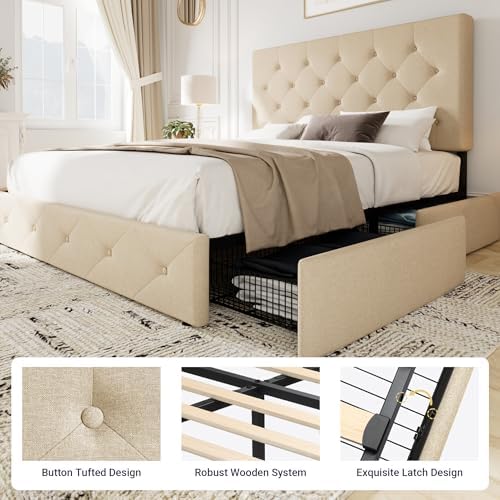 Allewie Upholstered Queen Size Platform Bed Frame with 4 Storage Drawers | Diamond Stitched Button Tufted | Ideal for Be