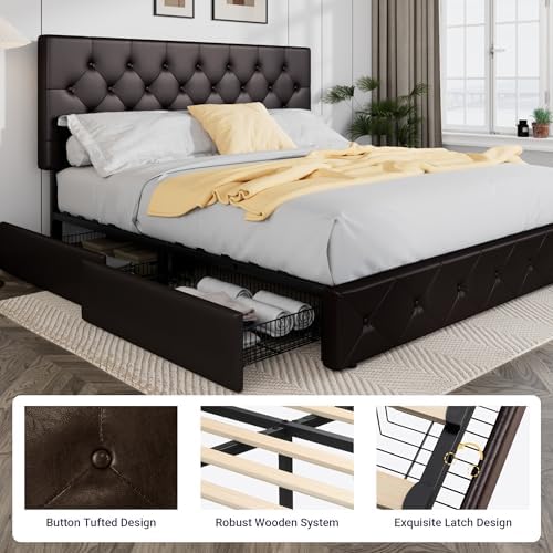 Allewie Upholstered Queen Size Platform Bed Frame with 4 Storage Drawers | Diamond Stitched Button Tufted | Ideal for Be