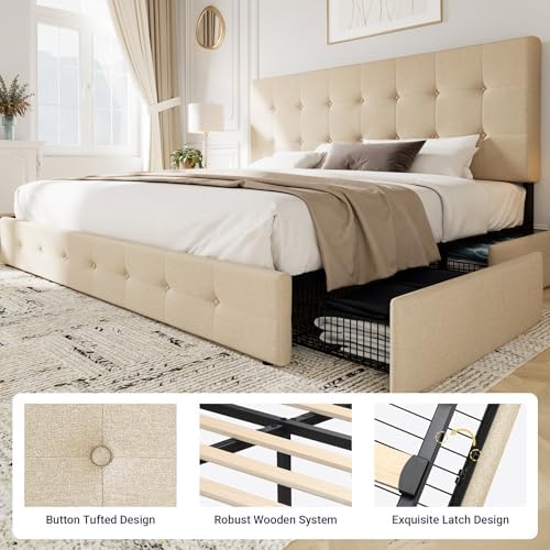 Allewie Upholstered Queen Size Platform Bed Frame with 4 Storage Drawers | Diamond Stitched Button Tufted | Ideal for Be