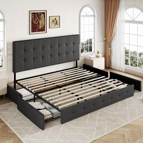 Allewie Upholstered Queen Size Platform Bed Frame with 4 Storage Drawers | Diamond Stitched Button Tufted | Ideal for Be