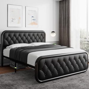 iPormis Queen Size Metal Bed Frame with Leather Headboard - Heavy-Duty Platform Bed for Adults - Noise-Free Design with