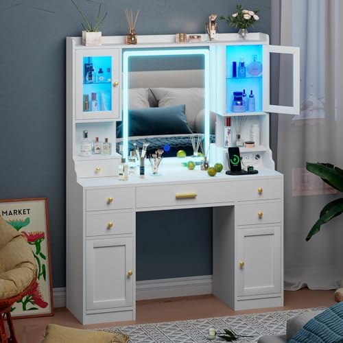 White Makeup Vanity Desk with Mirror and Lights - Large Dressing Table Set with Charging Station - Stylish RGB Cabinets