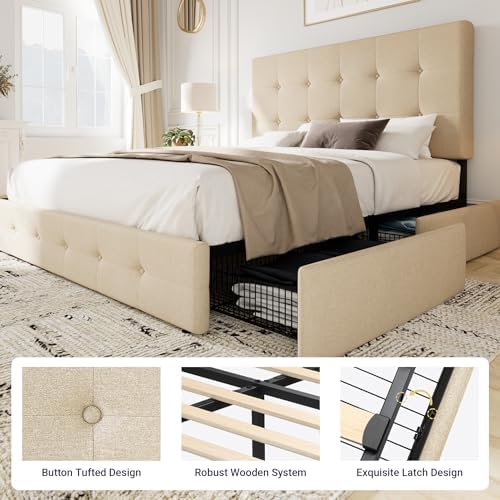 Allewie Upholstered Queen Size Platform Bed Frame with 4 Storage Drawers | Diamond Stitched Button Tufted | Ideal for Be
