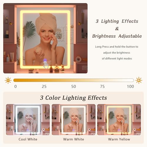 White Makeup Vanity Desk with Mirror and Lights - Large Dressing Table Set with Charging Station - Stylish RGB Cabinets