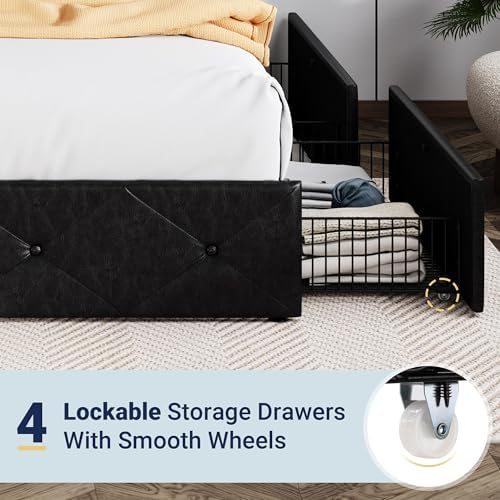 Allewie Upholstered Queen Size Platform Bed Frame with 4 Storage Drawers | Diamond Stitched Button Tufted | Ideal for Be