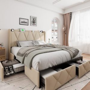iPormis Queen Bed Frame with 4 Storage Drawers | Upholstered Platform Bed with Charging Station | Modern Wingback Storag