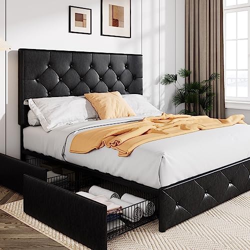Allewie Upholstered Queen Size Platform Bed Frame with 4 Storage Drawers | Diamond Stitched Button Tufted | Ideal for Be