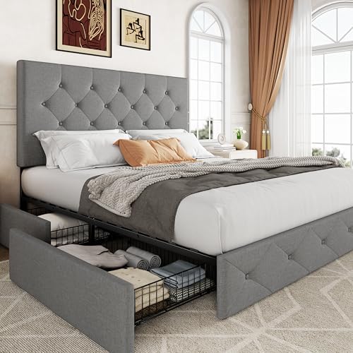 Allewie Upholstered Queen Size Platform Bed Frame with 4 Storage Drawers | Diamond Stitched Button Tufted | Ideal for Be