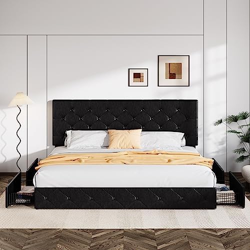 Allewie Upholstered Queen Size Platform Bed Frame with 4 Storage Drawers | Diamond Stitched Button Tufted | Ideal for Be