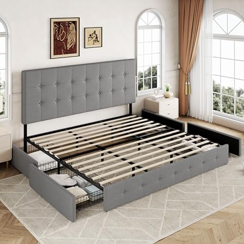 Allewie Upholstered Queen Size Platform Bed Frame with 4 Storage Drawers | Diamond Stitched Button Tufted | Ideal for Be