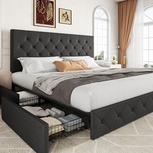 Allewie Upholstered Queen Size Platform Bed Frame with 4 Storage Drawers | Diamond Stitched Button Tufted | Ideal for Be