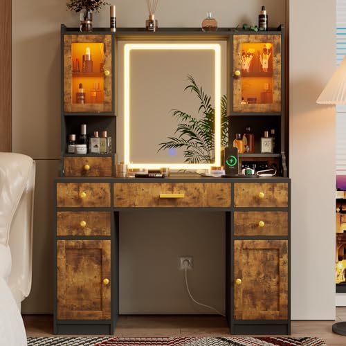 White Makeup Vanity Desk with Mirror and Lights - Large Dressing Table Set with Charging Station - Stylish RGB Cabinets