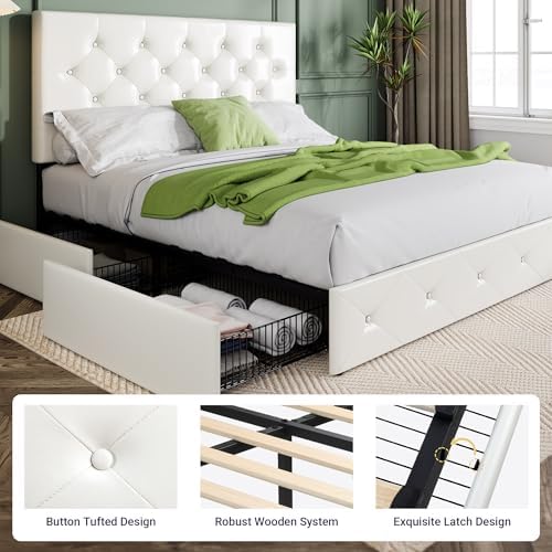 Allewie Upholstered Queen Size Platform Bed Frame with 4 Storage Drawers | Diamond Stitched Button Tufted | Ideal for Be