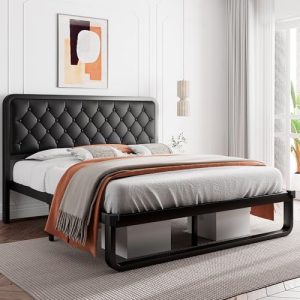 iPormis Queen Bed Frame - Faux Leather Upholstered Platform Bed with Headboard - Metal Slats, 12" Under Bed Storage, Noi