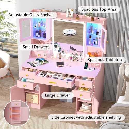 White Makeup Vanity Desk with Mirror and Lights - Large Dressing Table Set with Charging Station - Stylish RGB Cabinets