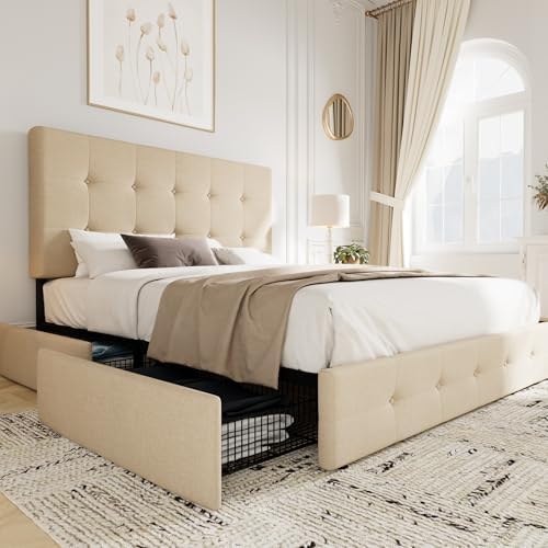 Allewie Upholstered Queen Size Platform Bed Frame with 4 Storage Drawers | Diamond Stitched Button Tufted | Ideal for Be