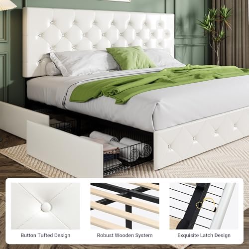 Allewie Upholstered Queen Size Platform Bed Frame with 4 Storage Drawers | Diamond Stitched Button Tufted | Ideal for Be