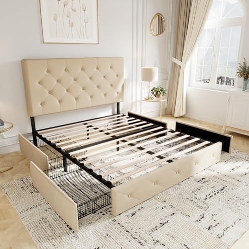 Allewie Upholstered Queen Size Platform Bed Frame with 4 Storage Drawers | Diamond Stitched Button Tufted | Ideal for Be