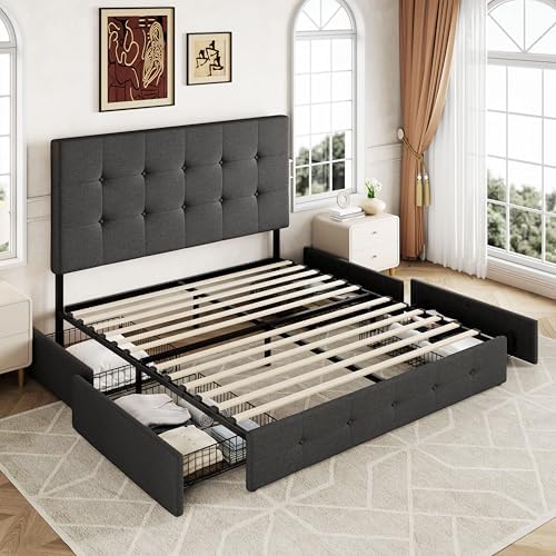 Allewie Upholstered Queen Size Platform Bed Frame with 4 Storage Drawers | Diamond Stitched Button Tufted | Ideal for Be