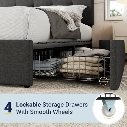 Allewie Upholstered Queen Size Platform Bed Frame with 4 Storage Drawers | Diamond Stitched Button Tufted | Ideal for Be