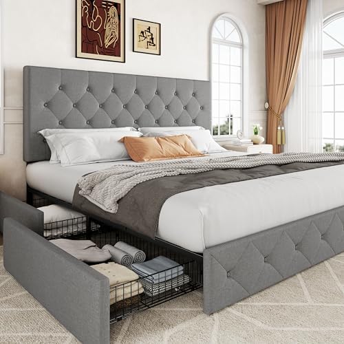 Allewie Upholstered Queen Size Platform Bed Frame with 4 Storage Drawers | Diamond Stitched Button Tufted | Ideal for Be