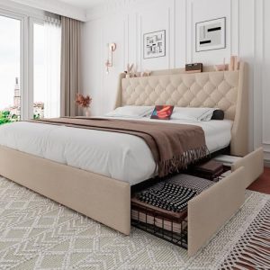 iPormis Queen Bed Frame with 4 Storage Drawers - Upholstered Platform Bed with USB Ports - Wingback Design for Easy Acce