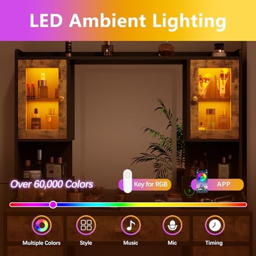 White Makeup Vanity Desk with Mirror and Lights - Large Dressing Table Set with Charging Station - Stylish RGB Cabinets