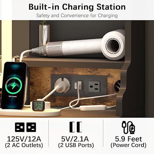 White Makeup Vanity Desk with Mirror and Lights - Large Dressing Table Set with Charging Station - Stylish RGB Cabinets