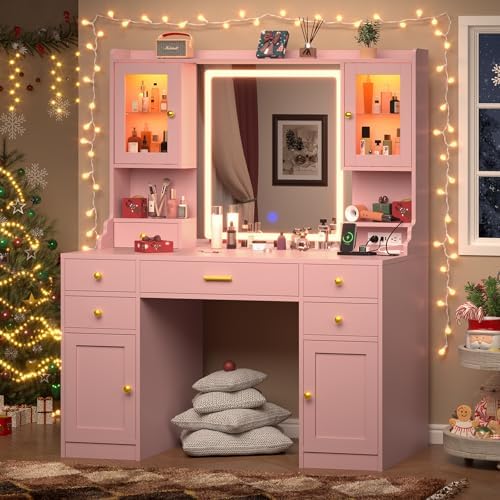 White Makeup Vanity Desk with Mirror and Lights - Large Dressing Table Set with Charging Station - Stylish RGB Cabinets