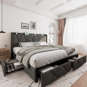 iPormis King Size Bed Frame with 4 Storage Drawers | Upholstered Platform Bed with Charging Station | Modern Wingback De