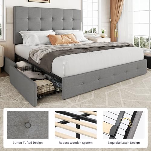 Allewie Upholstered Queen Size Platform Bed Frame with 4 Storage Drawers | Diamond Stitched Button Tufted | Ideal for Be