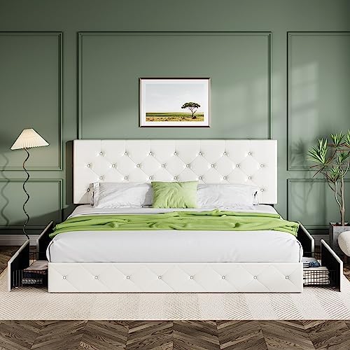 Allewie Upholstered Queen Size Platform Bed Frame with 4 Storage Drawers | Diamond Stitched Button Tufted | Ideal for Be