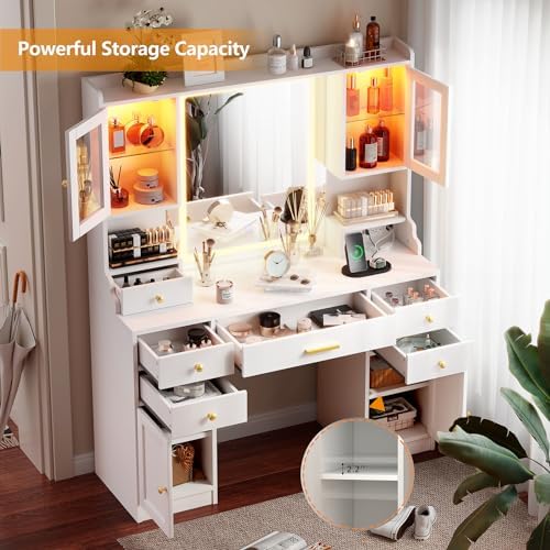 White Makeup Vanity Desk with Mirror and Lights - Large Dressing Table Set with Charging Station - Stylish RGB Cabinets