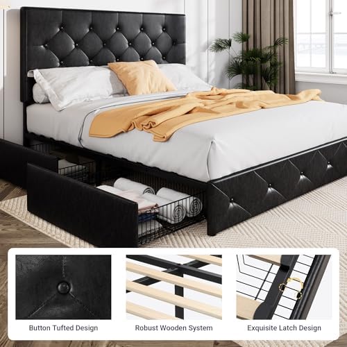 Allewie Upholstered Queen Size Platform Bed Frame with 4 Storage Drawers | Diamond Stitched Button Tufted | Ideal for Be