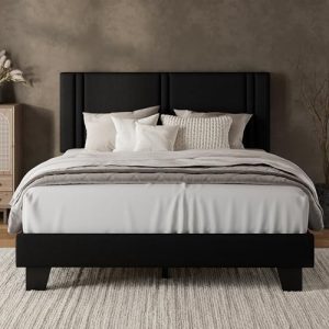 iPormis Queen Platform Bed Frame - Fabric Upholstered Headboard, Mattress Foundation, Noise-Free, Solid Wooden Slats, Ea